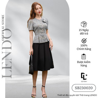 Sét Bộ Công Sở LENDO SB230020 Áo Peplum Dáng Ôm Kẻ Caro Tay Ngắn Chân Váy Xòe Dài Đen Xếp Ly