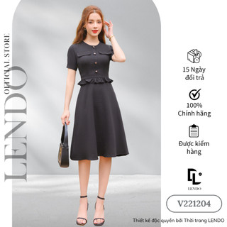 Đầm Váy Công Sở LENDO V221204 Dáng Xòe A Tay Ngắn Cổ Tròn Nhún Bèo Eo