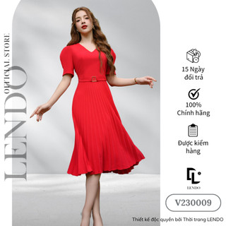 Đầm Váy Công Sở LENDO V230009 Dáng Xòe A Tay Ngắn Cổ Tim Dập Ly