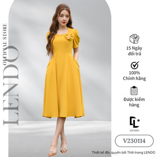 Đầm Váy Công Sở LENDO V230114 Dáng Dài Xòe A Tay Ngắn Cổ Vuông Đính Hoa Ngực