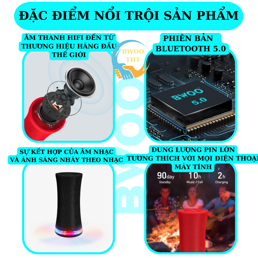 Loa BLUETOOTH BS 56 chính hãng BWOO| âm thanh HIFI ánh sáng RGB nháy theo nhịp điệu bảo hành 12 tháng