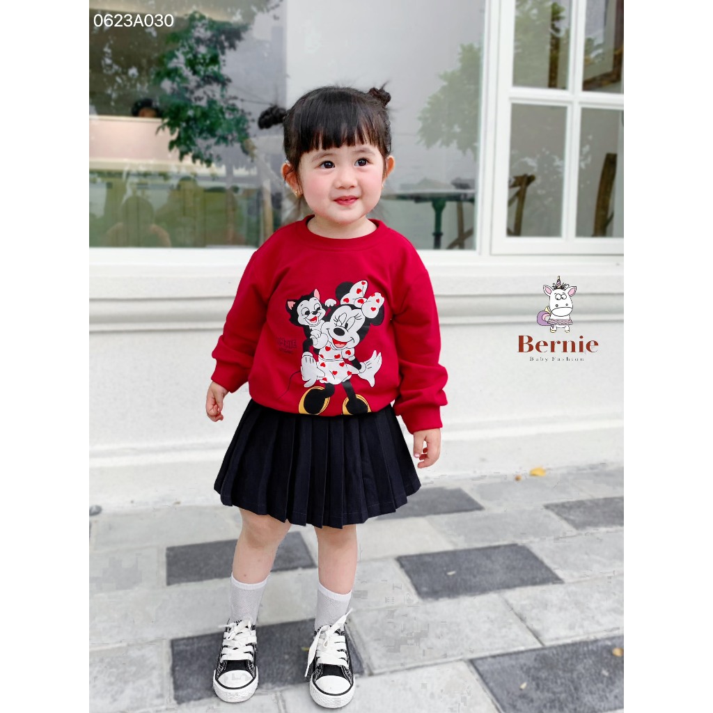 Áo cho bé, Áo sweater họa tiết Mickey & Minnie cho bé gái, trai 8kg đến 24kg Bernie nỉ da cá mềm sịn sò bo gấu gọn gàng
