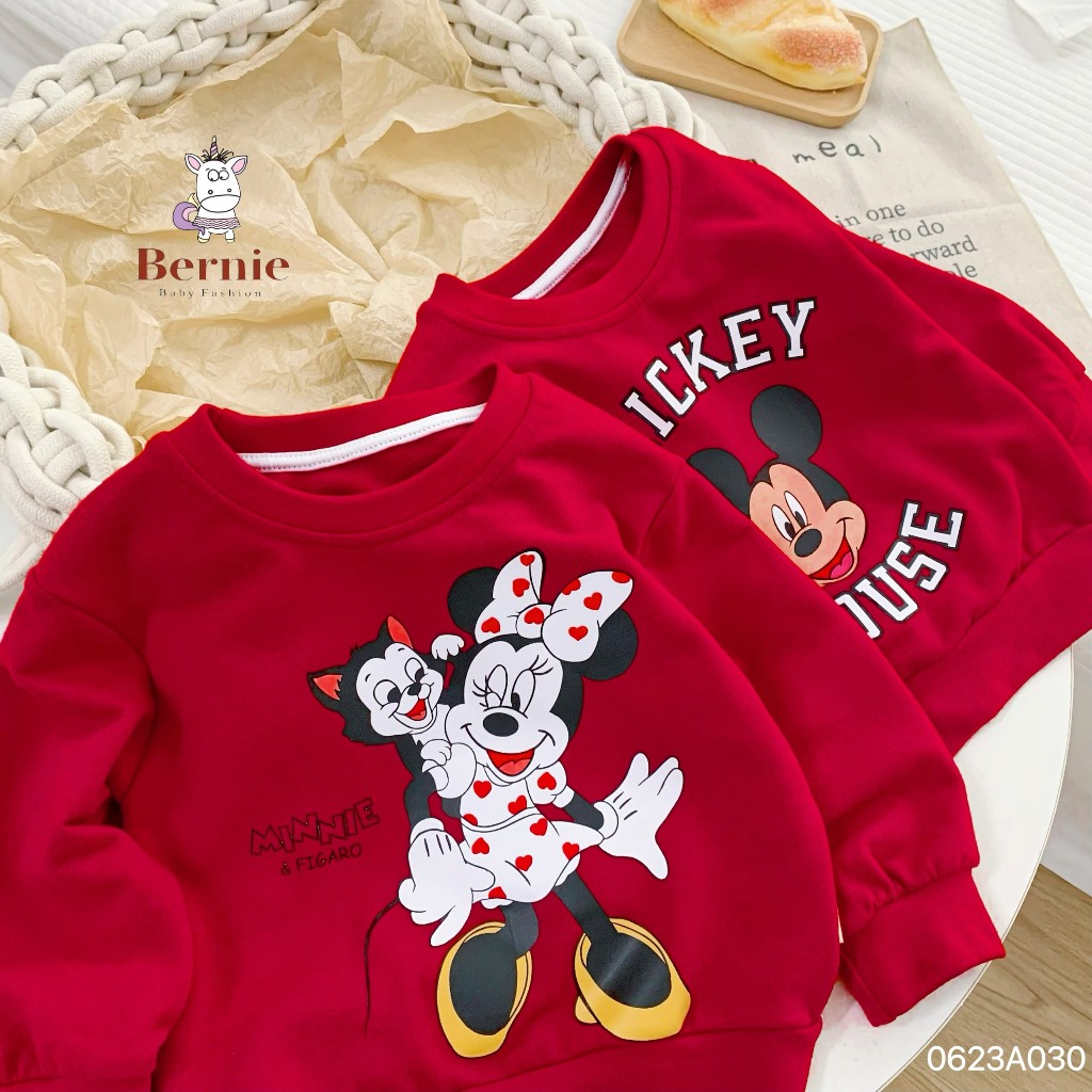 Áo cho bé, Áo sweater họa tiết Mickey & Minnie cho bé gái, trai 8kg đến 24kg Bernie nỉ da cá mềm sịn sò bo gấu gọn gàng