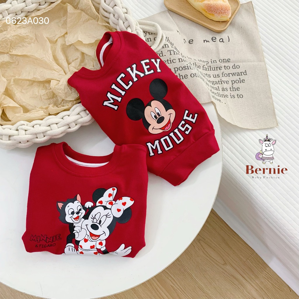 Áo cho bé, Áo sweater họa tiết Mickey & Minnie cho bé gái, trai 8kg đến 24kg Bernie nỉ da cá mềm sịn sò bo gấu gọn gàng