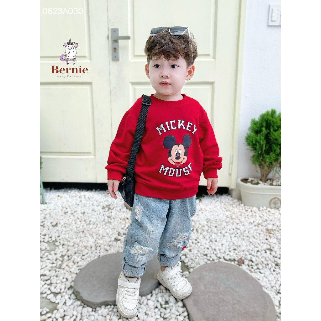 Áo cho bé, Áo sweater họa tiết Mickey & Minnie cho bé gái, trai 8kg đến 24kg Bernie nỉ da cá mềm sịn sò bo gấu gọn gàng