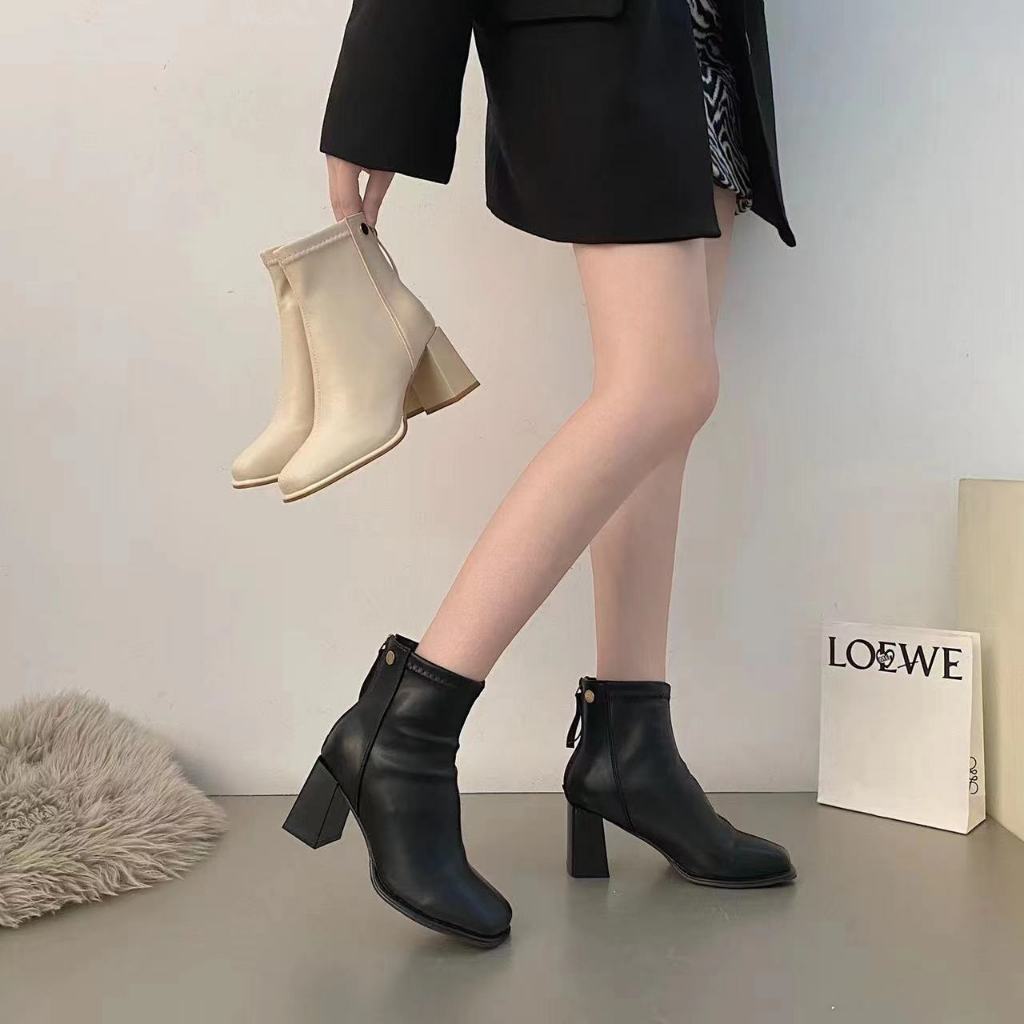 Giày bốt nữ cổ cao đế trụ 7p lót lông khóa sau boot nữ cổ thấp da trơn đứng phom, Lisa M19