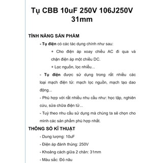[ 4 con ]  TỤ CBB 10UF 106J 250V ( KT: 29x16x28mm )