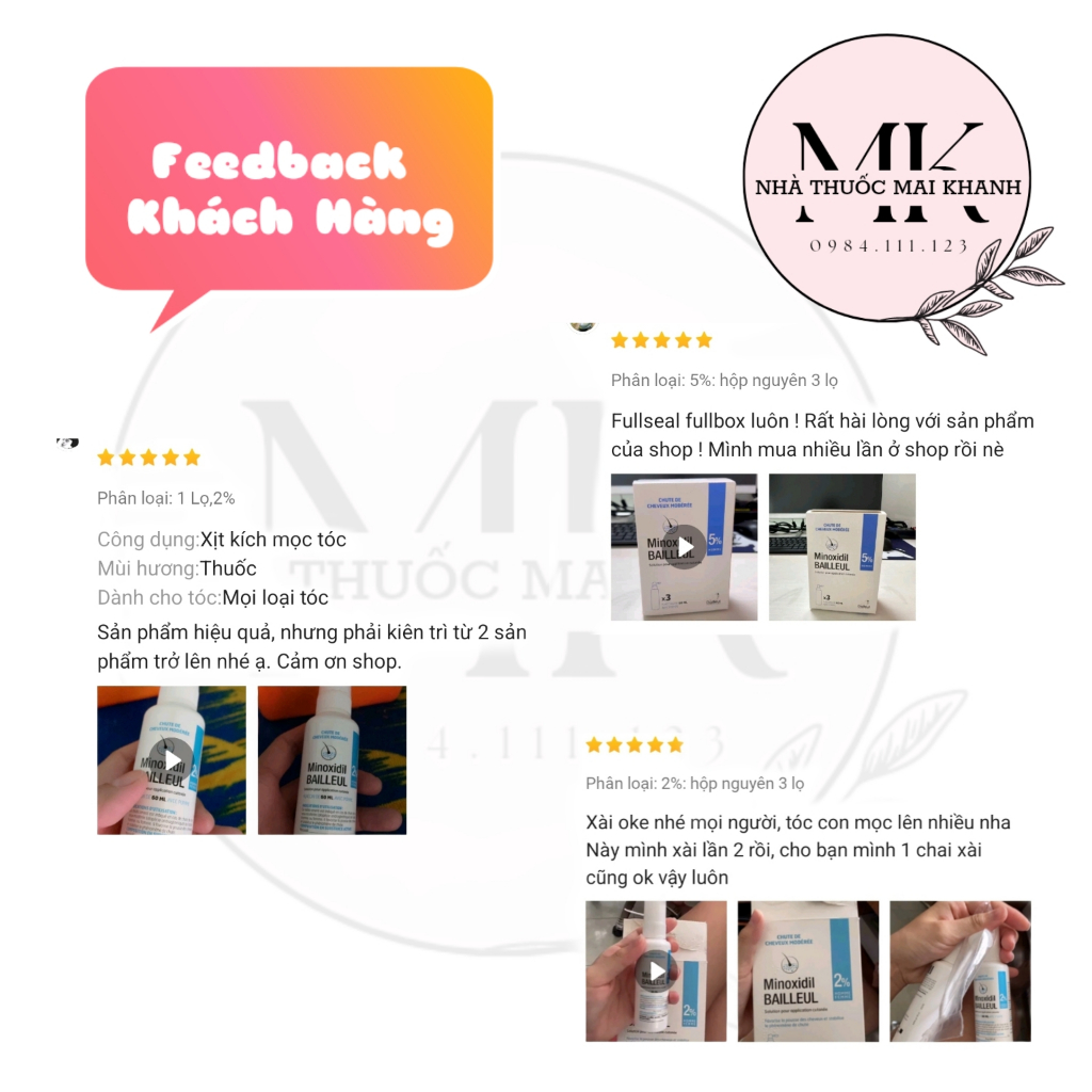 Xịt mọc tóc Minoxidil Bailleul 2% NHẬP KHẨU PHÁP - NGĂN RỤNG TÓC, KÍCH THÍCH MỌC TÓC Hộp 3 lọ 60ml.