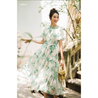 Váy Chun Vai 3 Tầng Xanh Lụa Voan Mềm Ly Bui LVAS031