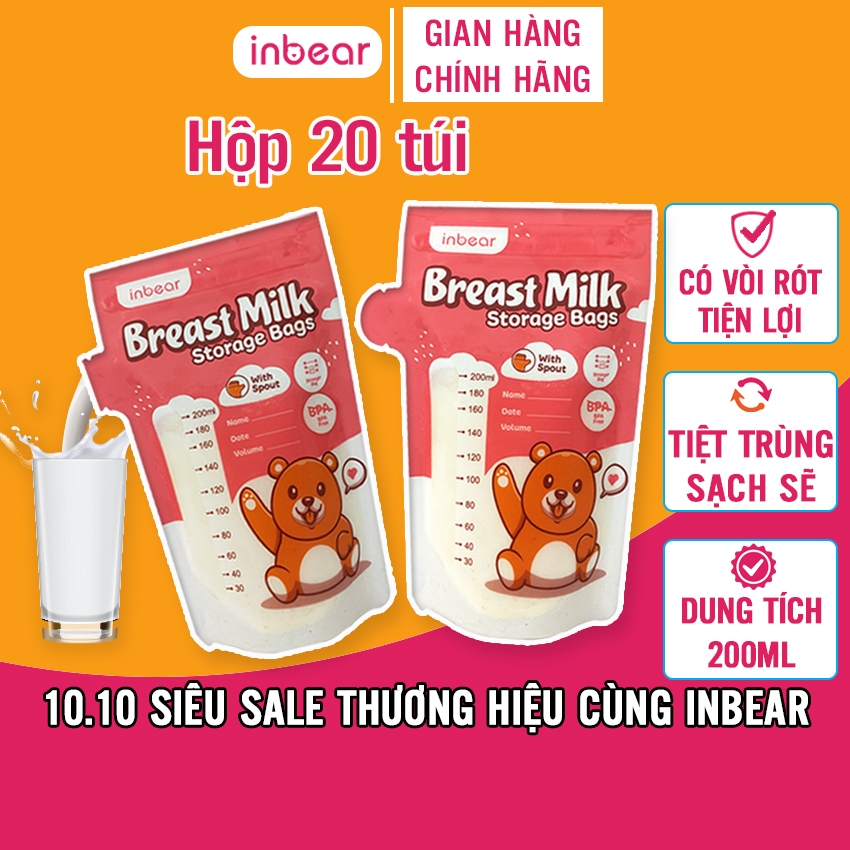 Túi Trữ Sữa Inbear 200ml - Hộp 20 Túi, Khóa Zip Chắc Chắn, Vòi Rót Siêu Tiện Lợi, An Toàn Đựng Sữa