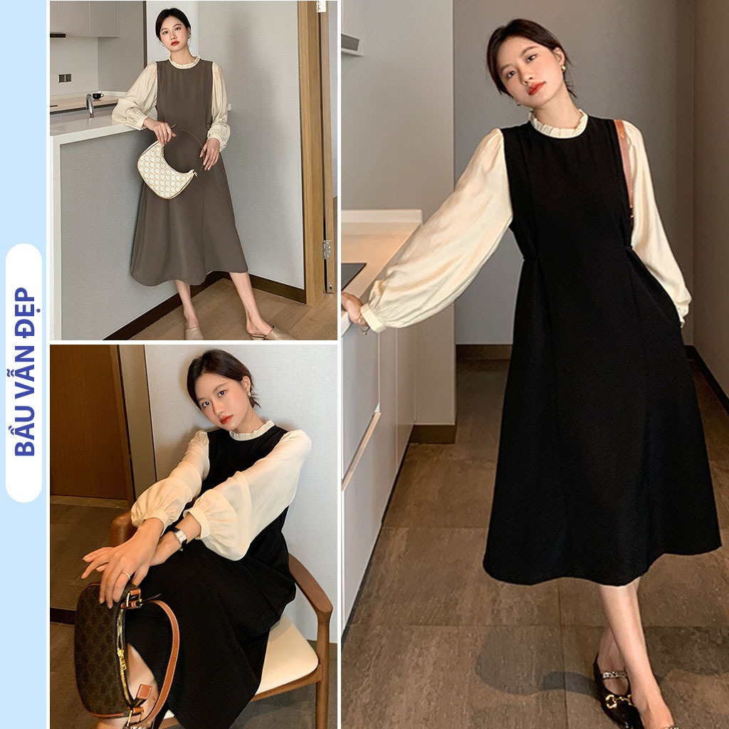 ĐẦM VÁY BẦU THU ĐÔNG DÀI TAY DÁNG SUÔNG CÓ DÂY BUỘC ĐIỆU ĐÀ - ĐẦM BẦU XINH HÀNG THIẾT KẾ CHẤT ĐẸP FREESIZE
