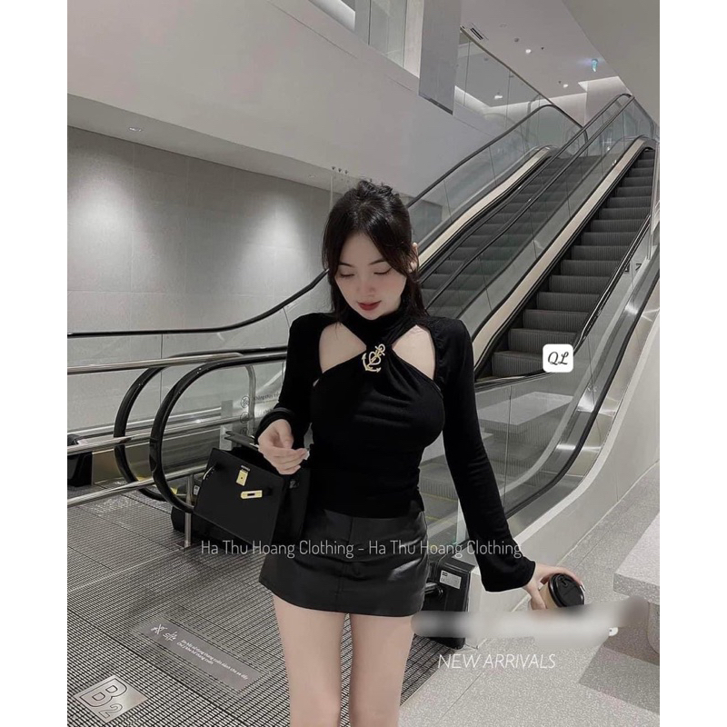 Áo Thun Tăm tay Lơ Vạt chéo hở xoắn ngực dài tay new