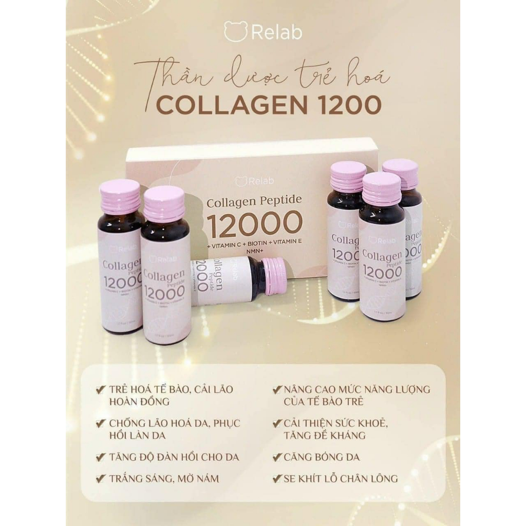 Nước Uống Collagen Relab 12000 Peptide Giúp Trắng Da, Trẻ Hóa, Căng Bóng Da Hộp 6 Chai