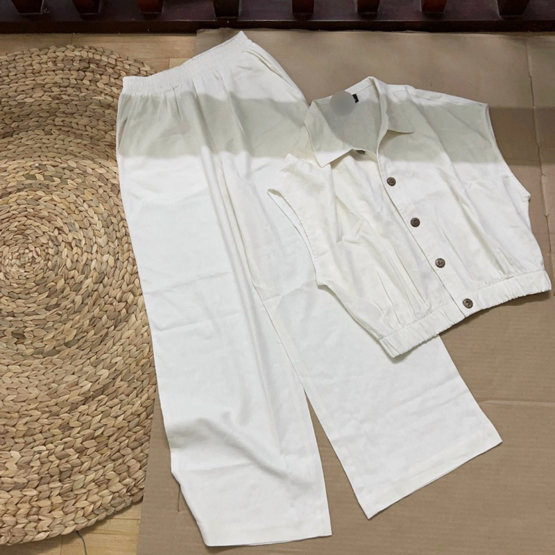 Sét bộ linen quần dài áo dáng lửng bo chun xinh