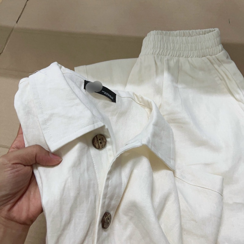 Sét bộ linen quần dài áo dáng lửng bo chun xinh