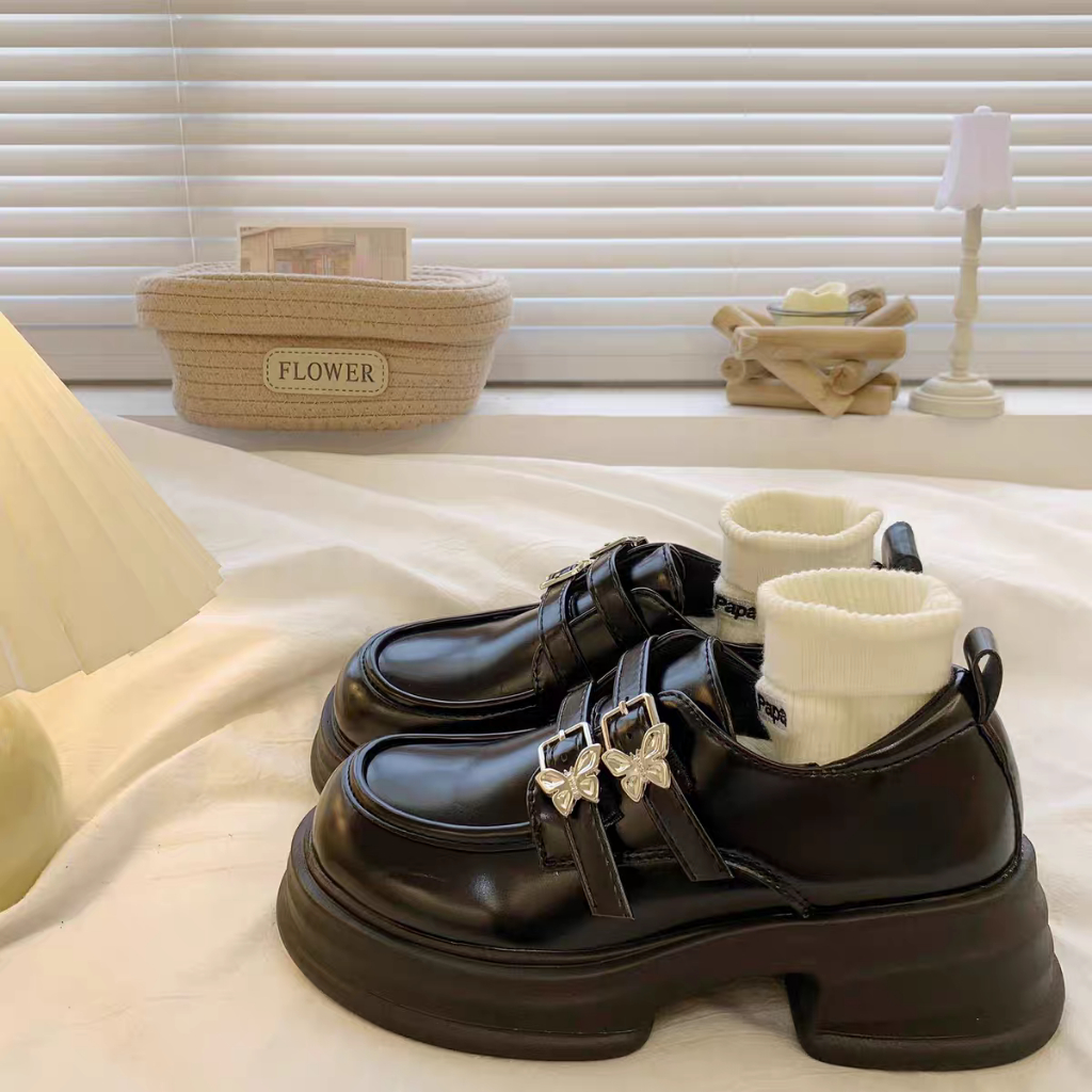 Giày Lolita Khóa BB Đế cao 5cm Màu Đen/Kem Xinh Mary Quai Cài Oxford Nữ mary Búp Bê mới hot Đi Học
