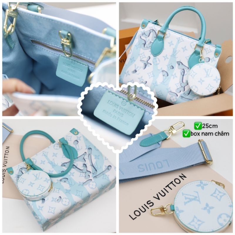 Túi xách nữ LV ONTHEGO màu xanh mix mới cực mới sz25cm kèm 1 ví mini quai bản to kèm hộp