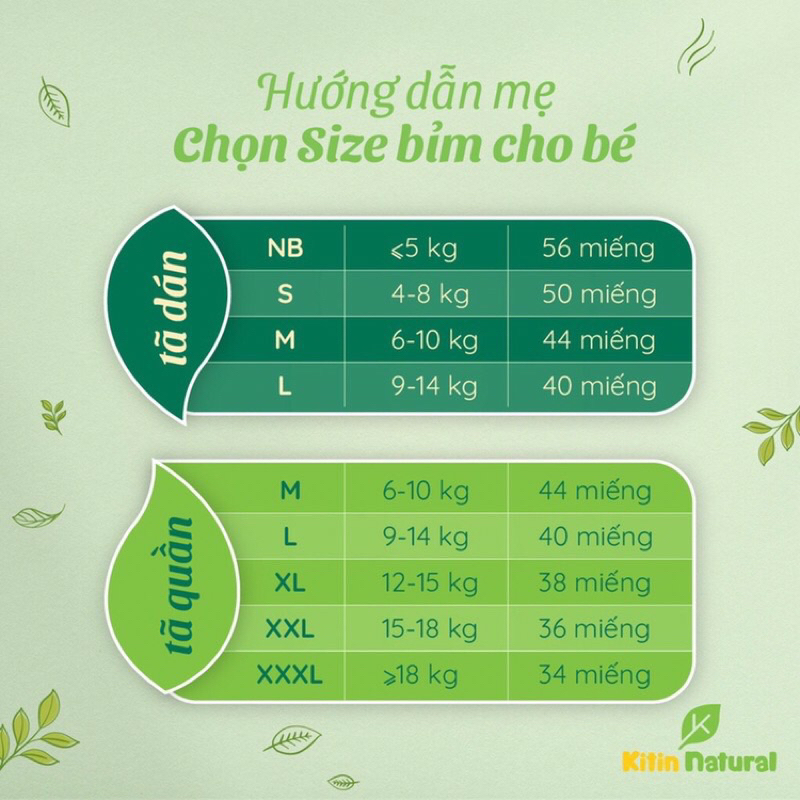 Tã Bỉm Dán/ Quần Kitin Natural S56/M44/L40/XL38/XXL36/XXXL34