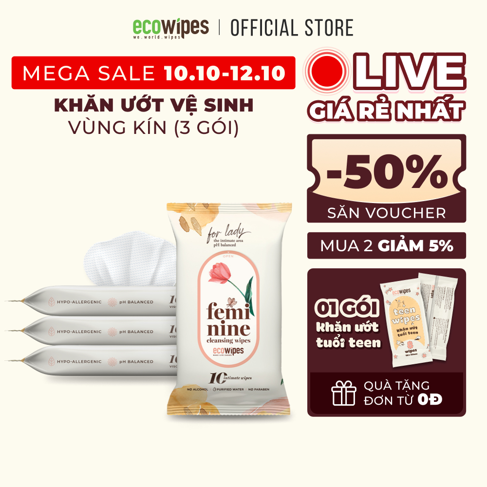 Combo 03 gói khăn giấy ướt phụ khoa EcoWipes gói 10 tờ vệ sinh vùng kín phụ nữ hương hoa cúc size 15x20cm nhỏ gọn