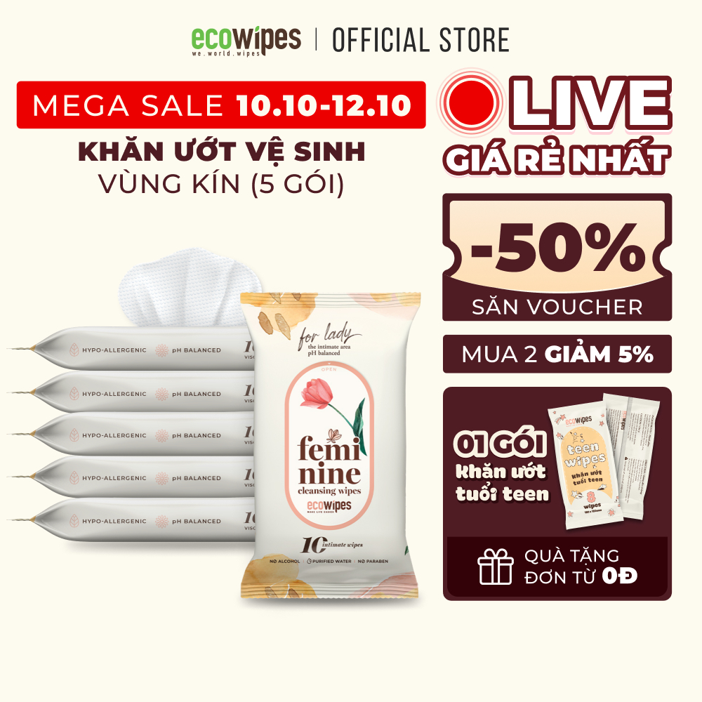 Combo 05 gói khăn giấy ướt phụ khoa Ecowipes gói 10 tờ vệ sinh vùng kín phụ nữ hương Daisy size 15x20cm nhỏ gọn