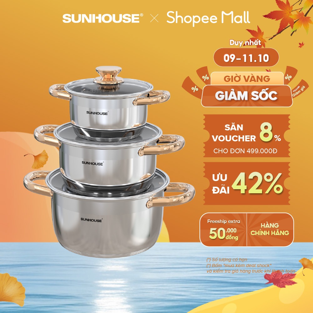 Bộ nồi inox 5 đáy Sunhouse SH781 size 16cm-20cm-24cm | Đáy từ dùng mọi loại bếp | 5 lớp đáy, truyền nhiệt nhanh