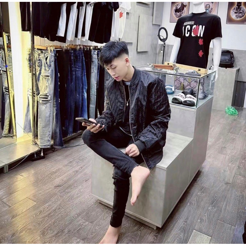 Áo khoác bomber dior hai lớp có hoạ tiết vân logo khoá kéo màu đen thời trang phong cách giới trẻ có size từ s đến xl