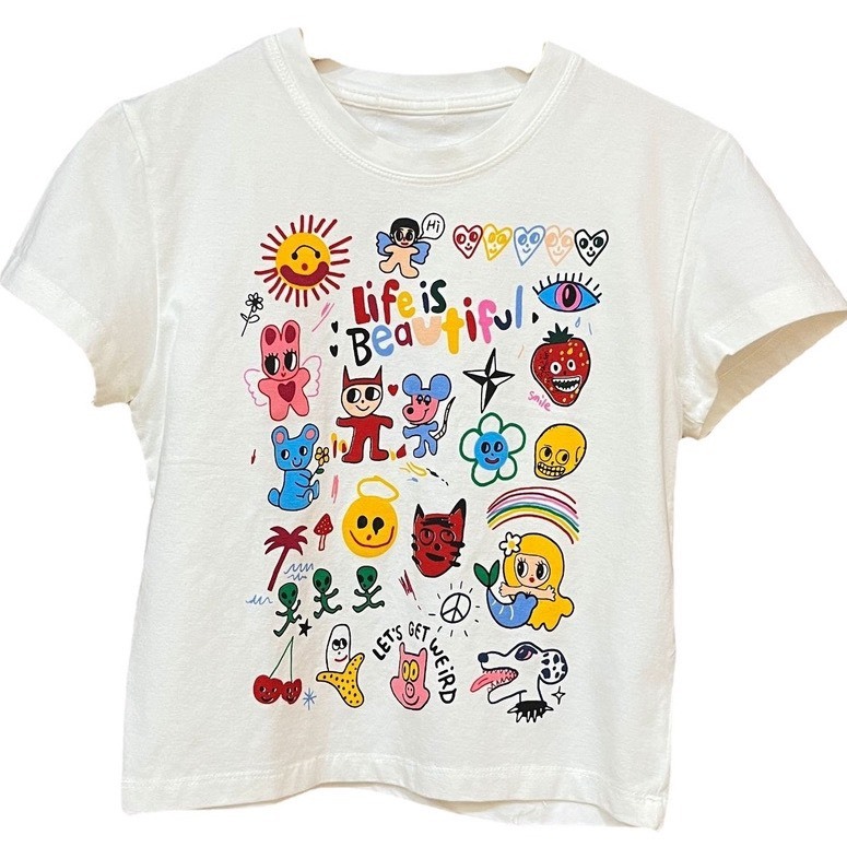 Áo Thun Croptop Tay Ngắn In Họa Tiết Hoạt Hình Cổ Tròn Thời Trang Năng Động