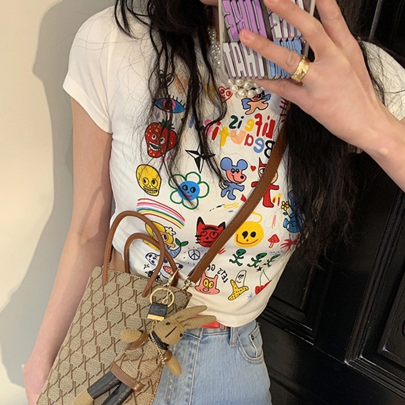 Áo Thun Croptop Tay Ngắn In Họa Tiết Hoạt Hình Cổ Tròn Thời Trang Năng Động