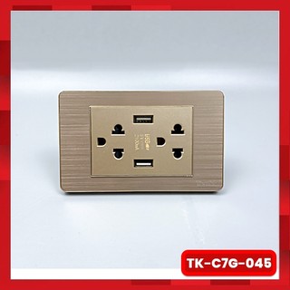 Ổ cắm điện đôi 3 chấu có usb màu vàng âm tường mặt hợp kim tenko tk-c7g-045