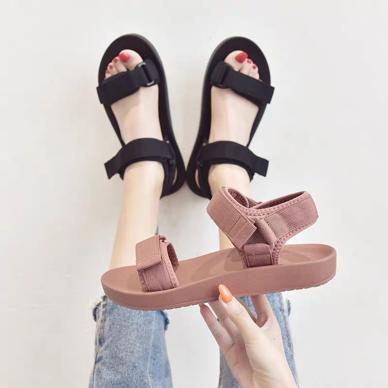 Giày sandal đế bằng 2 quai fashion quai dán xé điều chỉnh cao cấp siêu nhẹ thoáng khí êm chân