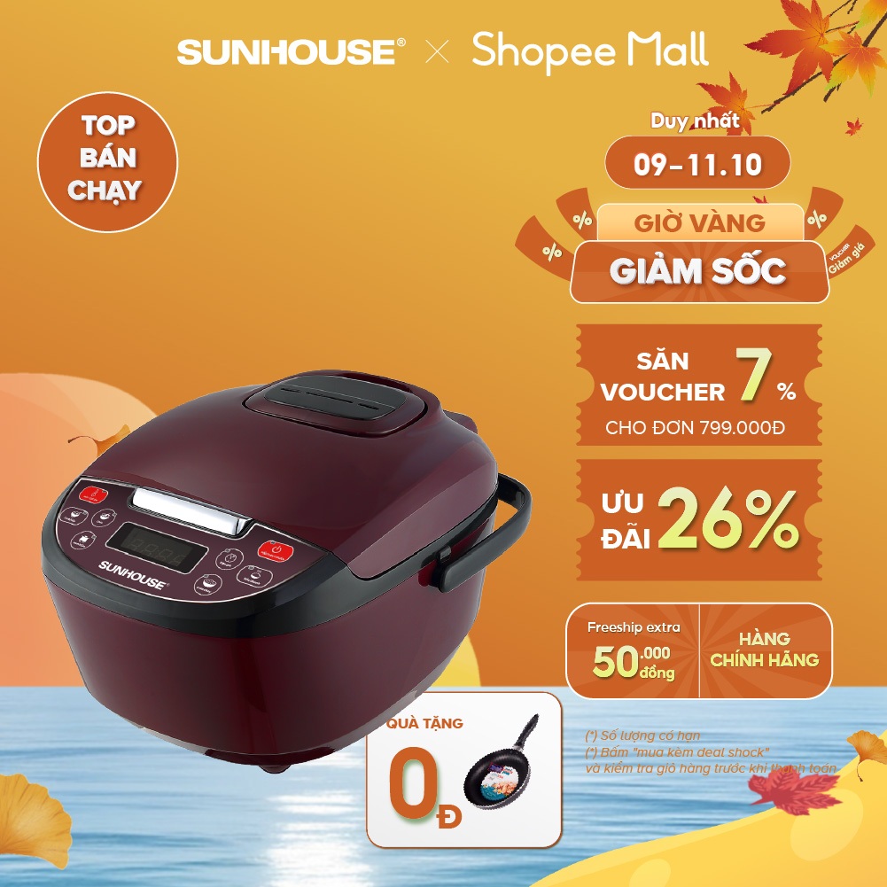 Nồi cơm điện tử 1.8L Sunhouse SHD8909 | Công suất 700W | Ruột nồi 5 lớp, phủ chống dính Whitford an toàn