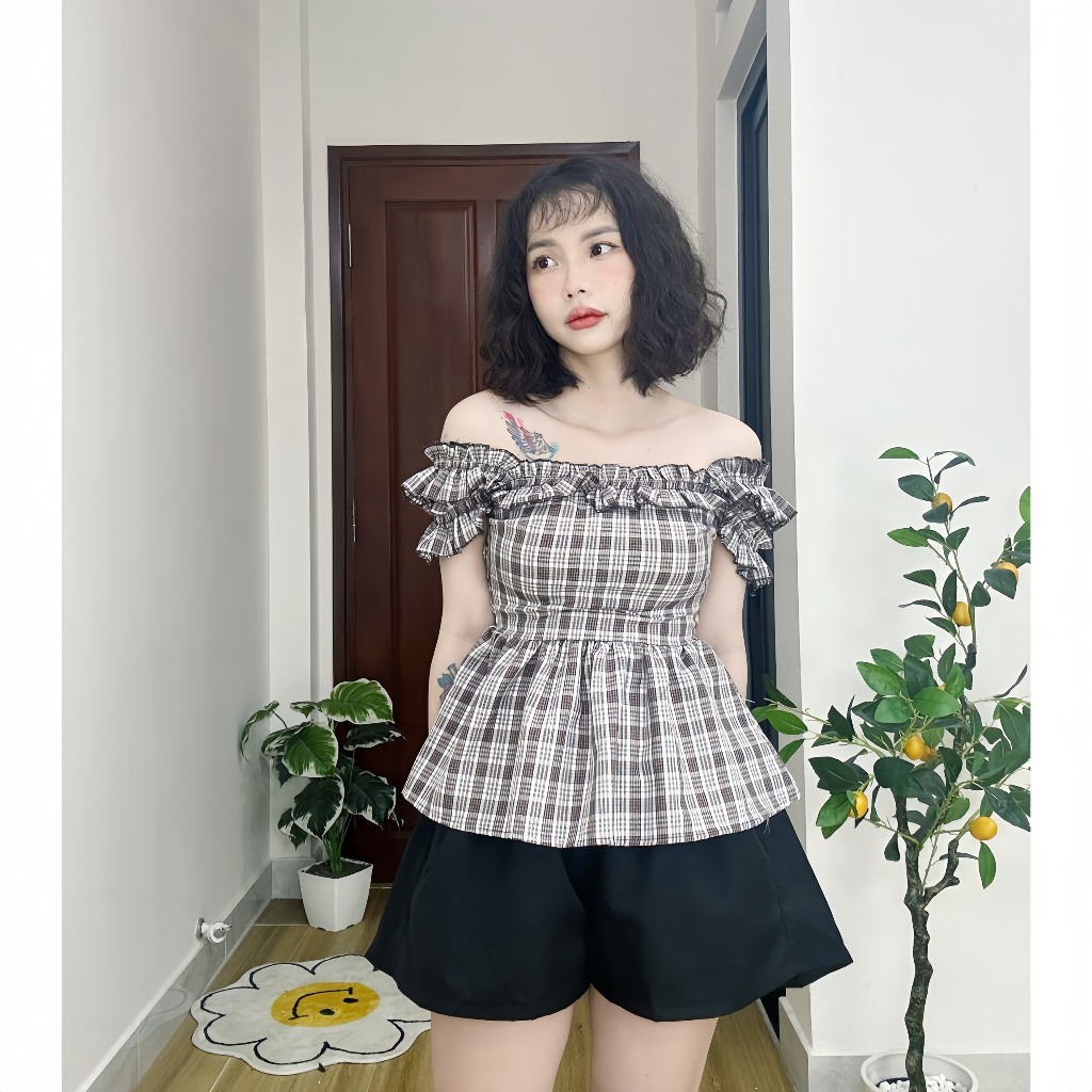 Áo caro có Bigsize tay bèo xinh xắn nữ CB1