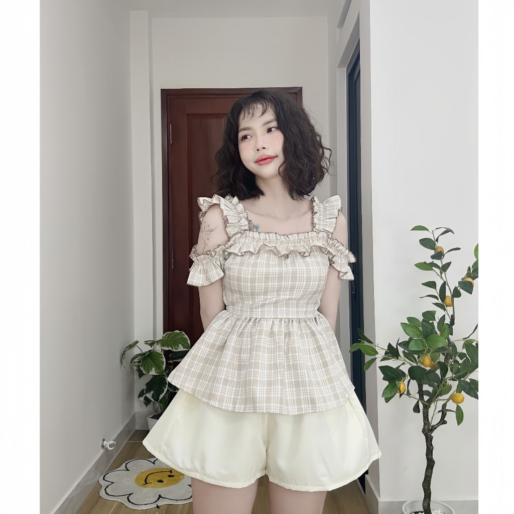 Áo caro có Bigsize tay bèo xinh xắn nữ CB1