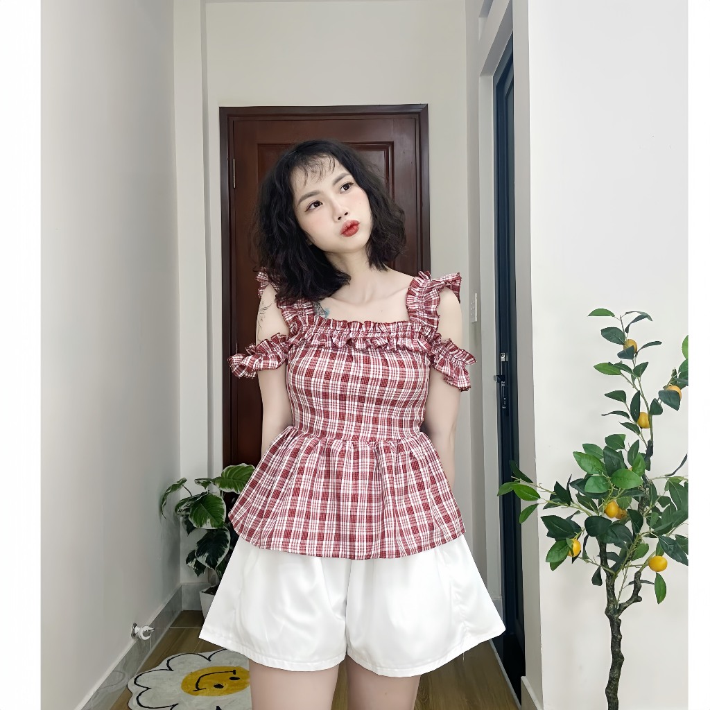 Áo caro có Bigsize tay bèo xinh xắn nữ CB1