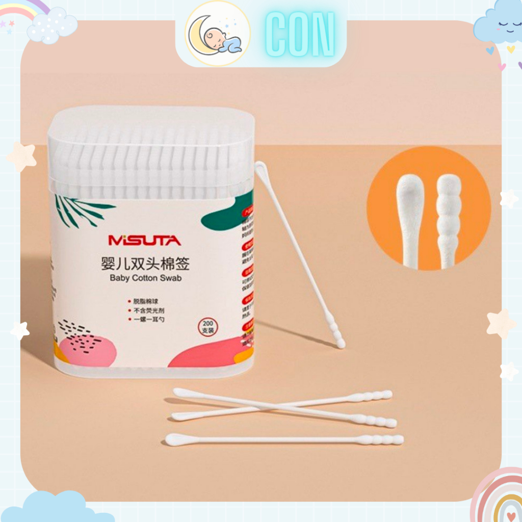 Tăm bông Misuta cho trẻ sơ sinh, trẻ em - Tăm Misuta hộp 200 que làm từ bông tự nhiên, kháng khuẩn an toàn cho bé