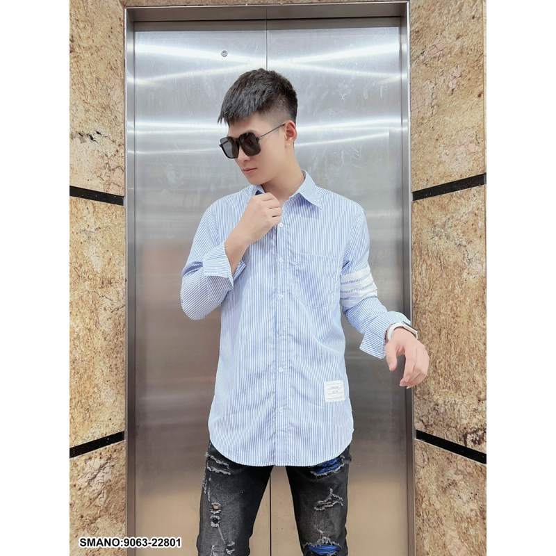 Áo SơMi Kẻ Nam Nữ Dài Tay Thome Sọc Xanh Trắng Thêu 4 Vạch Kẻ Trắng Ống Tay Logo Chữ Bụng Cho Các Boy Phố Đi Học