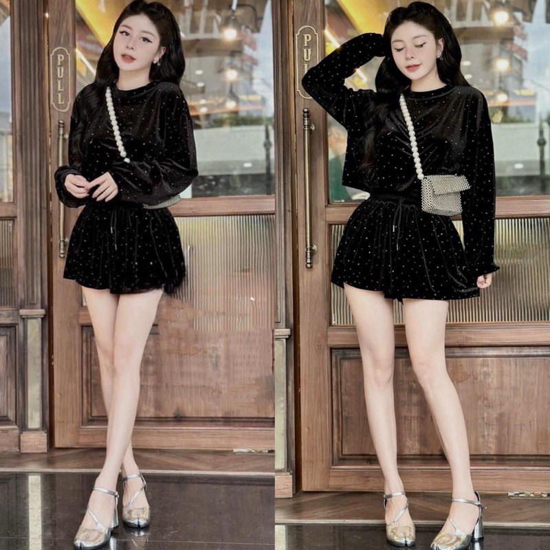Set Bộ Áo Nhung Dài Tay Đính Đá Mix Quần Sooc Chun Eo