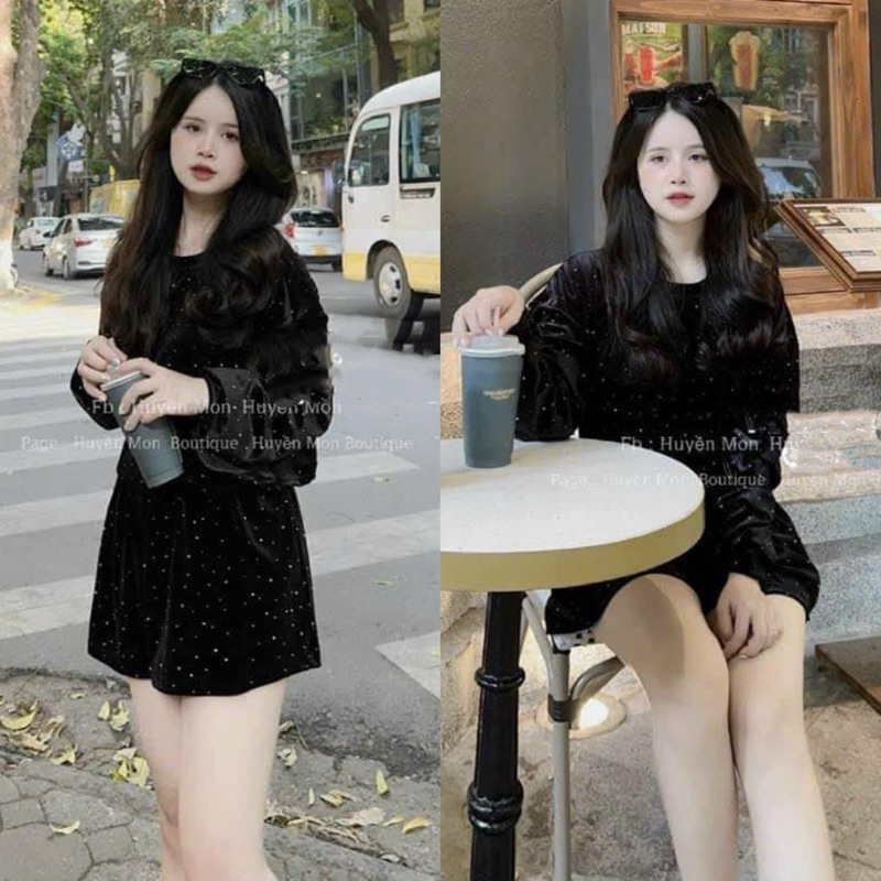 Set Bộ Áo Nhung Dài Tay Đính Đá Mix Quần Sooc Chun Eo