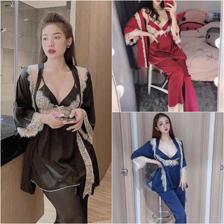 Đồ bộ nữ, đồ ngủ lụa latin, pyjama, set 3 món kèm áo choàng, mút ngực, áo khoác mặc được 2 kiểu