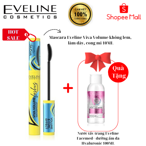 [Tặng nước tẩy trang 100ml] Mascara Eveline Viva Volume không lem, làm dày, cong mi 10ML