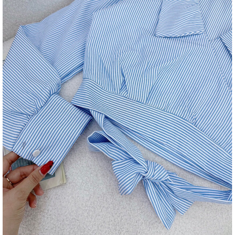 Áo sơ mi kate kiểu croptop xanh sọc siêu xinh