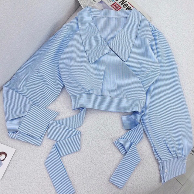Áo sơ mi kate kiểu croptop xanh sọc siêu xinh