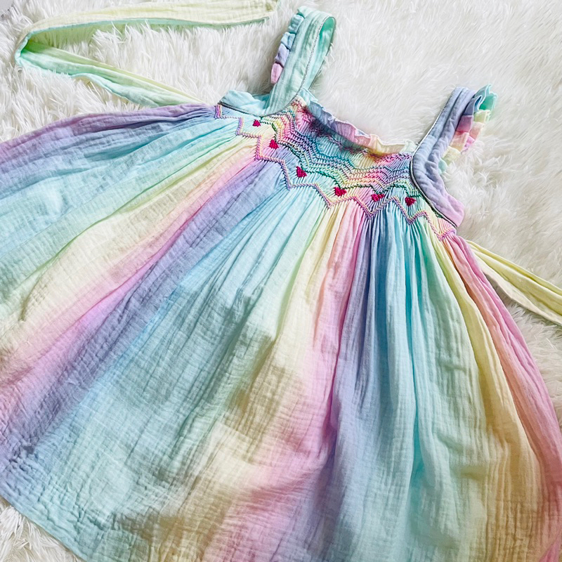 Đầm váy bé gái xô muslin cầu vồng smock tặng kèm nơ cho bé 1-8 tuổi