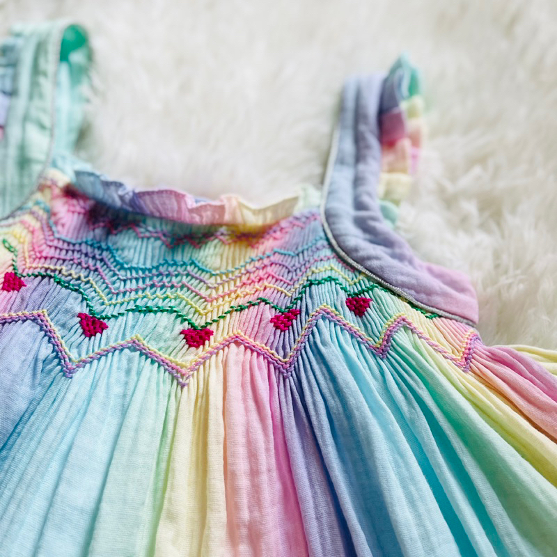 Đầm váy bé gái xô muslin cầu vồng smock tặng kèm nơ cho bé 1-8 tuổi