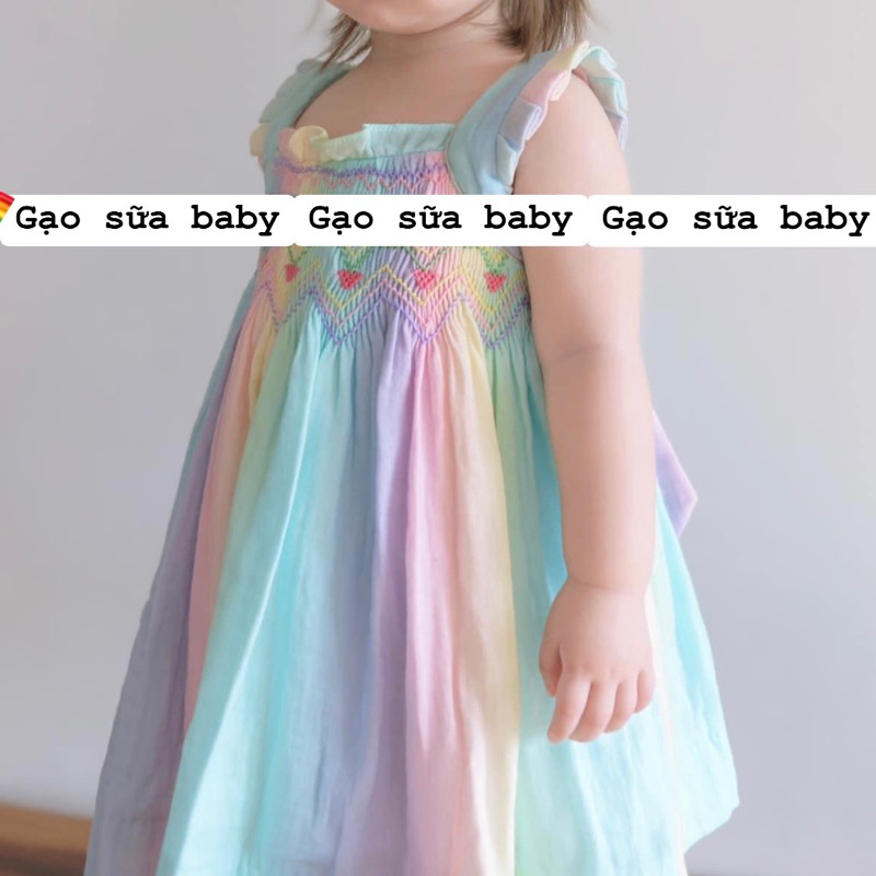 Đầm váy bé gái xô muslin cầu vồng smock tặng kèm nơ cho bé 1-8 tuổi