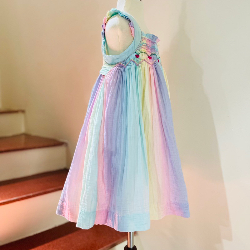 Đầm váy bé gái xô muslin cầu vồng smock tặng kèm nơ cho bé 1-8 tuổi