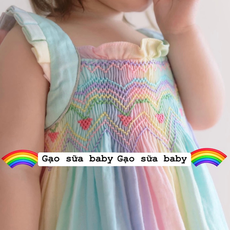 Đầm váy bé gái xô muslin cầu vồng smock tặng kèm nơ cho bé 1-8 tuổi