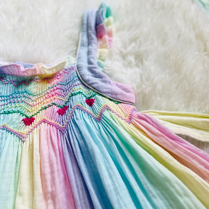 Đầm váy bé gái xô muslin cầu vồng smock tặng kèm nơ cho bé 1-8 tuổi