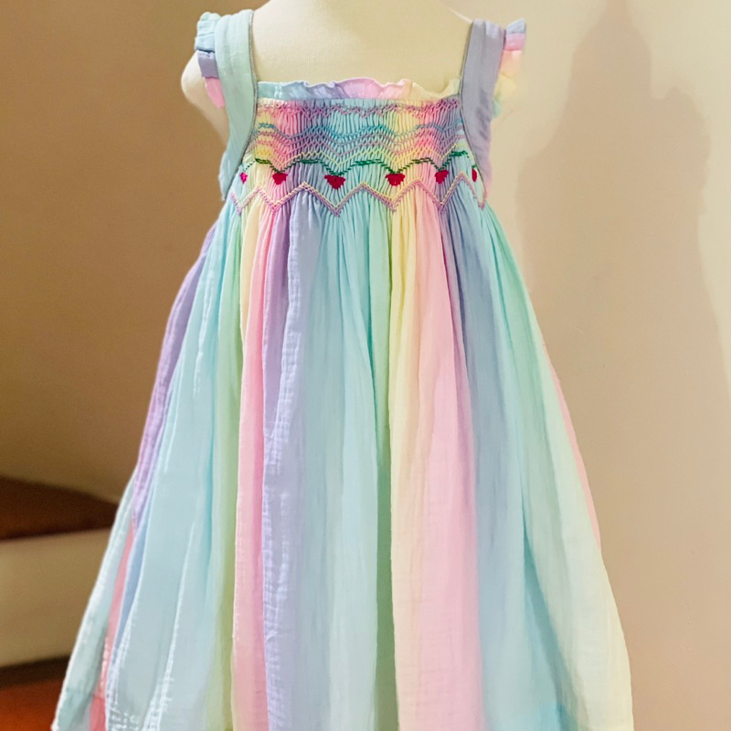 Đầm váy bé gái xô muslin cầu vồng smock tặng kèm nơ cho bé 1-8 tuổi