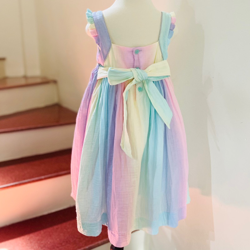 Đầm váy bé gái xô muslin cầu vồng smock tặng kèm nơ cho bé 1-8 tuổi